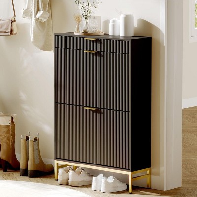 Narrow Shoe Storage Organizer with 2 Flip Drawers & Top Drawer – Farmhouse Freestanding Hidden Shoe Rack Cabinet for Entryway, Hallway