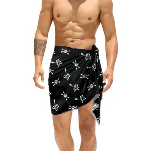 LA LEELA Men's Pirates Summer Sarong Wrap Pareo Caribbean Pirates Swim Trunks Swimwear Full Beach Wraps for Men One Size Black Skull - 1 of 4