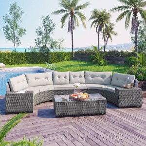 Nestfair 8pcs Wicker Outdoor Half Moon Sectional Sofa Set with Coffee Table and Cushions Beige - 1 of 4
