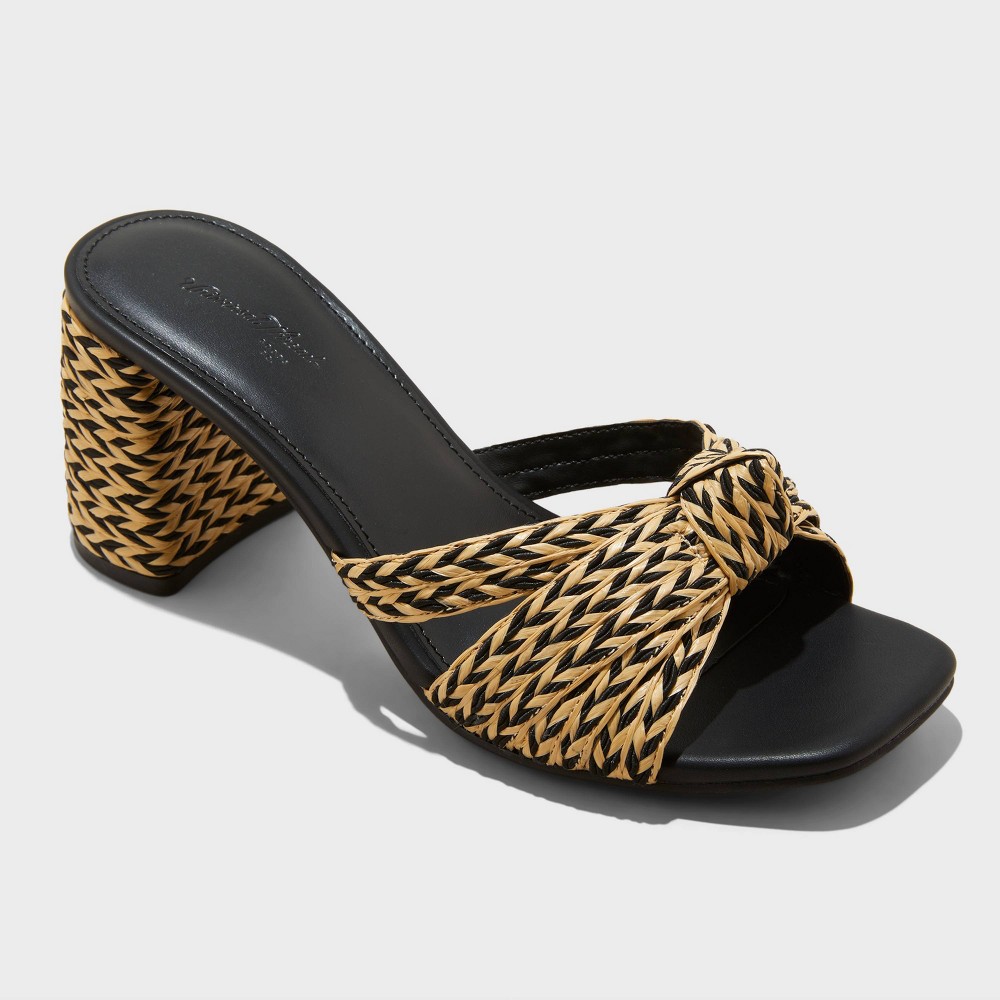 Women's Aaliyah Raffia Strappy Knot Sandal Heels - Universal Thread™ Black 6: Open Toe, Block Heel, Slip On