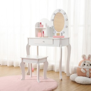 Kids Vanity Set with Mirror and Stool, Wooden Makeup Table for Girls Ages 4-9, Kids' Vanities Dress-Up Playset for Bedroom and Playroom - 1 of 4