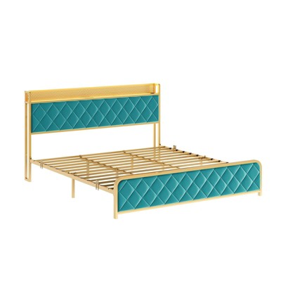 King Size Bed Frame, Upholstered Platform Bed Frame with Velvet Storage Headboard