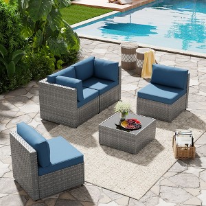 Celebalcony 5-piece silver rattan sofa seating set (with cushions) Navy Blue - 1 of 4