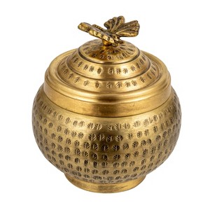 Round Hammered Metal Container with Finial, Brass Finish - 1 of 4