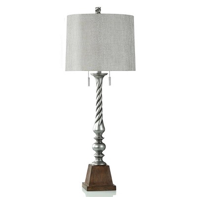 India Painted Silver Swirl Pedestal Table Lamp with Round Hardback Shade - StyleCraft