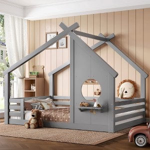 Twin/Full Montessori Bed Frame House Floor Bed, Platform Bed with Window, Built-in Shelf & House-Shaped Roof - ModernLuxe - 1 of 4