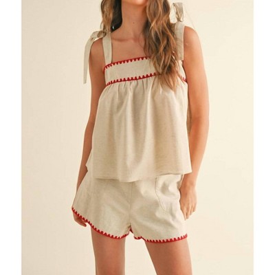Women's Red Trim Linen Shorts - MIOU MUSE