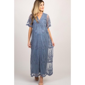 Pinkblush PinkBlush Blue Lace Mesh Overlay Maternity Maxi Dress - 1 of 4