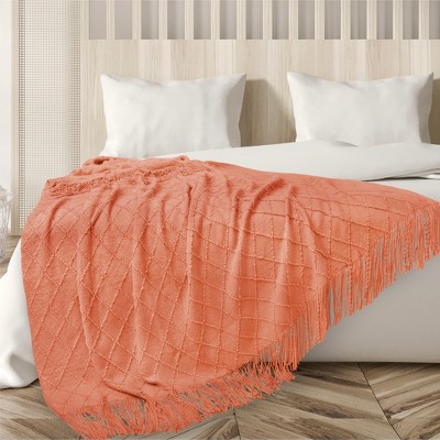 Coral Orange Knit Fleece Throw Blanket with Fringe Tassels