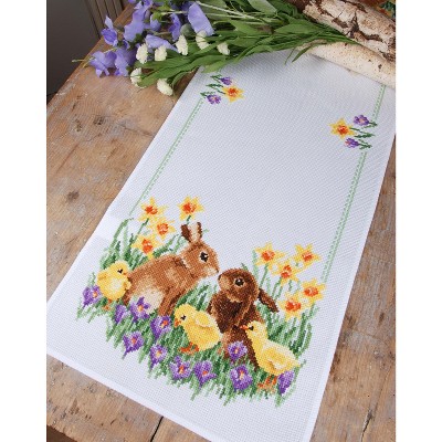 Vervaco Counted Cross Stitch Table Runner Kit 12.8"X33.6"-Rabbits With Chicks (11 Count)