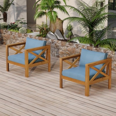 Set of 2 Modern Acacia Wood Club Chairs with Cushions, Accent Arm Chairs for Patio, Balcony, or Sunroom–The Pop Home