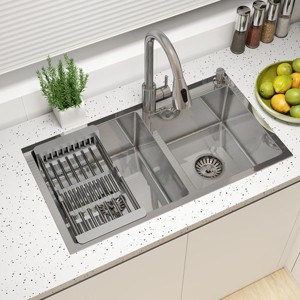 CHEVNI Kitchen Sink Stainless Steel Double Bowl With Faucet Drop In Top Mount Silver - 1 of 4