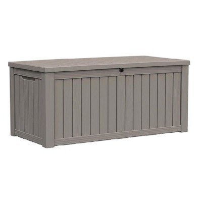 Dolonm 120Gal Deck Box, Outdoor Wood Grain Storage Box,Waterproof Resin Storage Bin with Lockable Lid, Suitable for Terrace Gardens,
