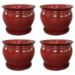 Southern Patio Wisteria 8 Inch Round Ceramic Indoor or Outdoor Garden Planter Pot with Saucer for Flowers and Plants, Red (4 Pack) - 1 of 4