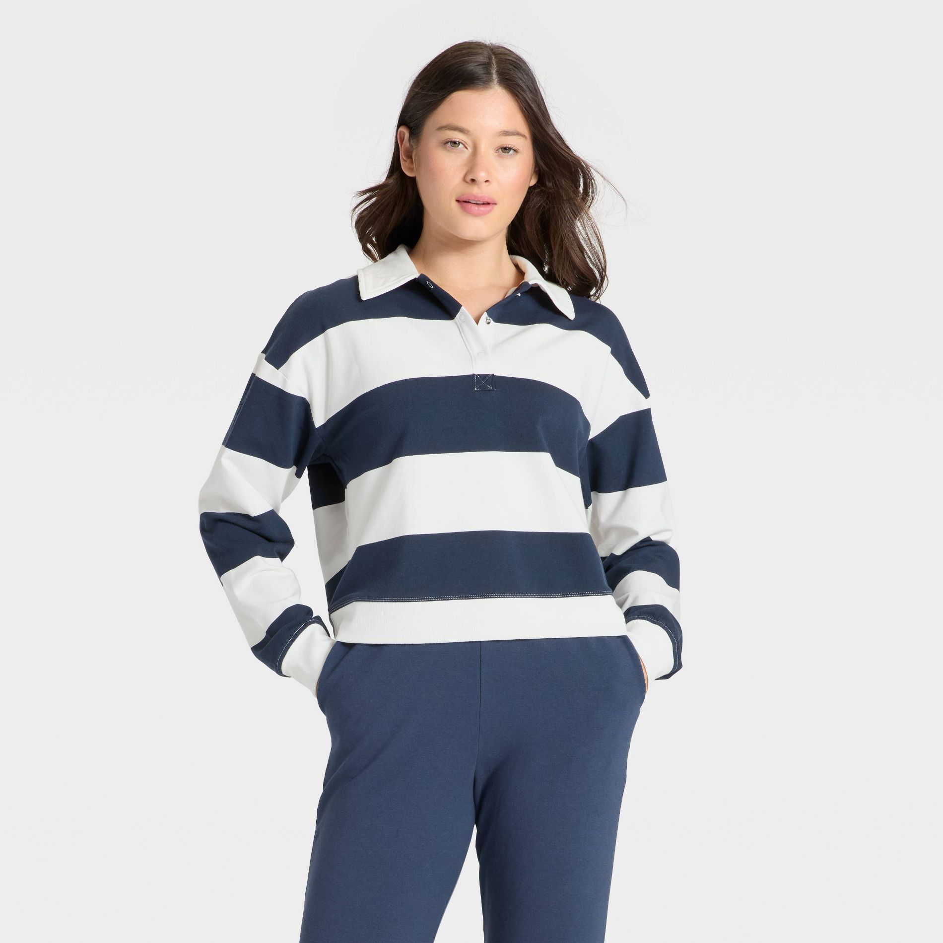 Women's Modal French Terry Polo Sweatshirt - All In Motion™ Navy Blue/Cream M