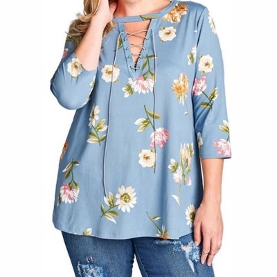 Women's Lace Up Floral Brushed Knit Top - Oddi