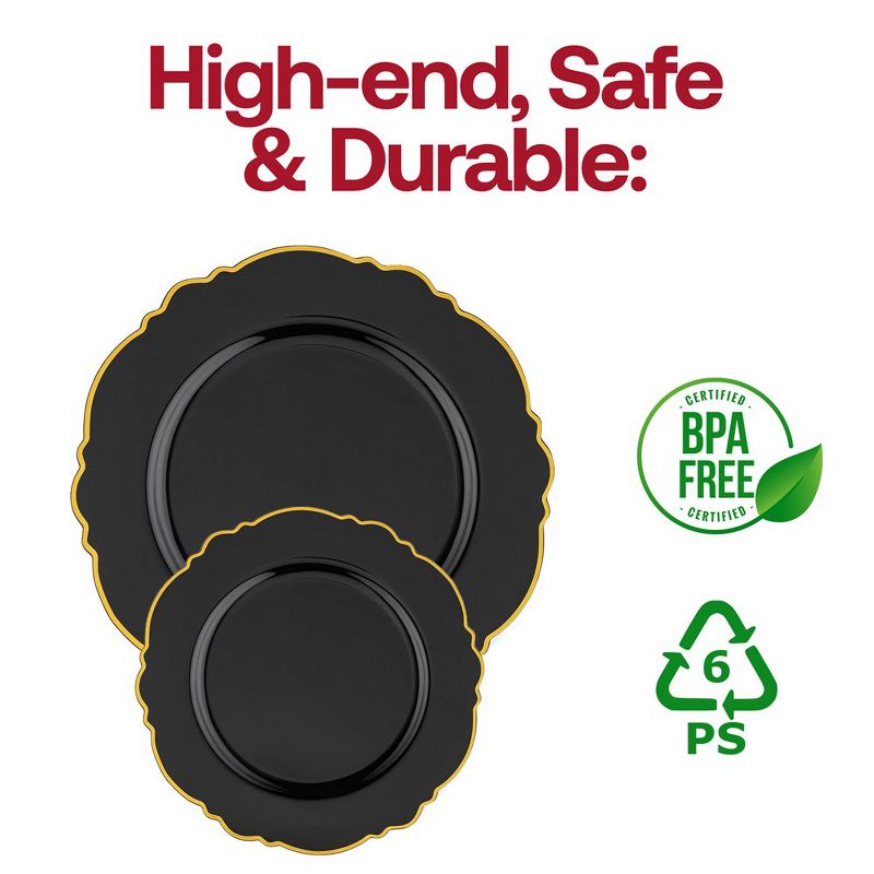 Smarty Had A Party 7.5" Black with Gold Rim Round Blossom Disposable Plastic Appetizer/Salad Plates (120 Plates), 5 of 8