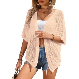 Coolmee Women's Short Sleeve Cardigans Summer Open Front Hollowed Out Shrug Sweaters Knit Sweater Tops Lightweight Cardigans M Light Almond - 1 of 1