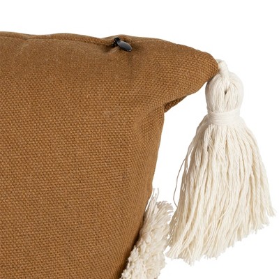 16" Camel Brown Cotton Square Pillow with Tassels