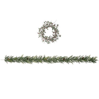 Sullivans Artificial 12.5"H Leaves and Berry Wreath and 6'L Arborvitae Garland Set, Green