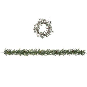 Sullivans Artificial 12.5"H Leaves and Berry Wreath and 6'L Arborvitae Garland Set, Green - 1 of 4