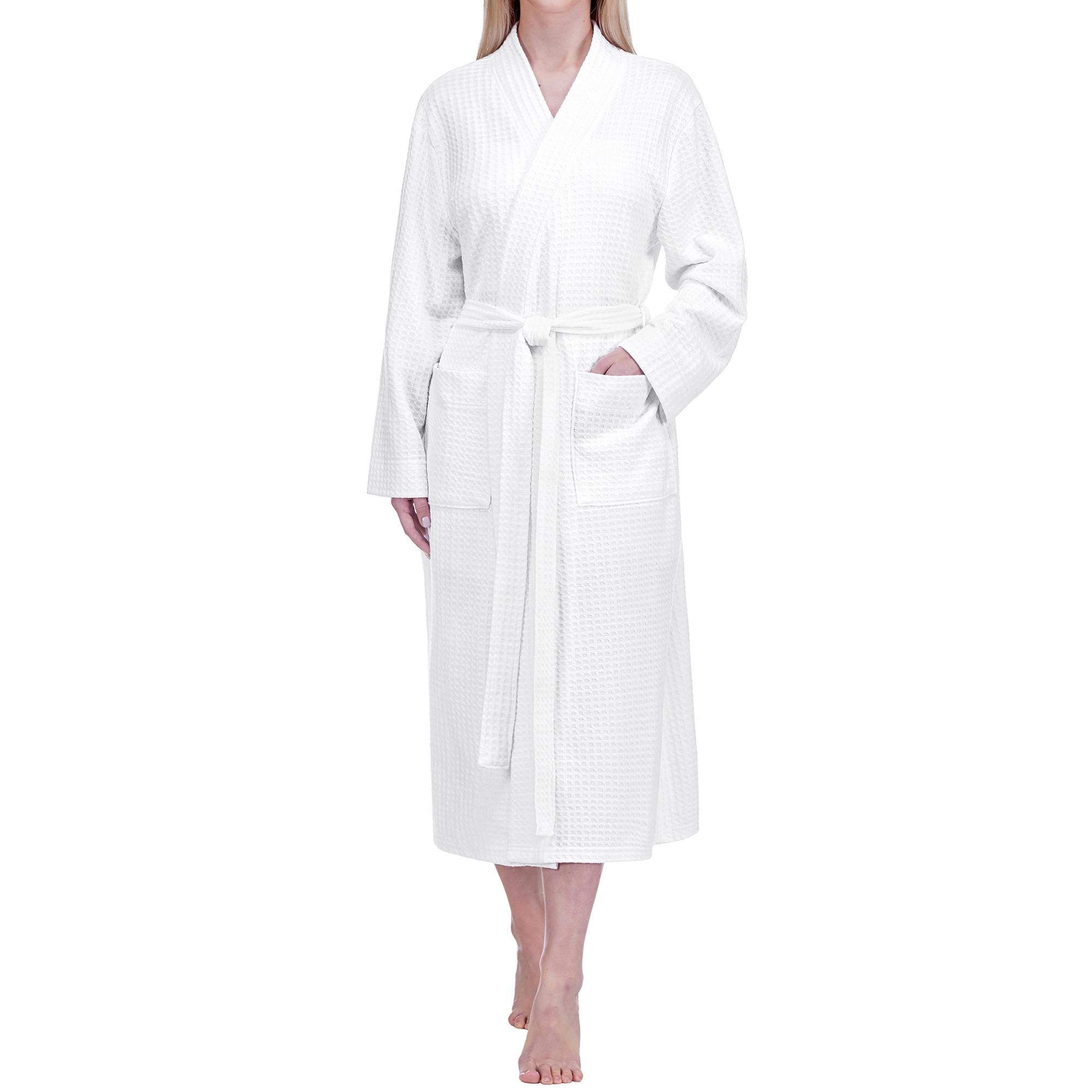 PAVILIA Women Waffle Knit Robe, Soft Cozy Breathable Lightweight Long Bathrobe with Pockets Shower Spa House (White, Large-X-Large)