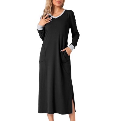 cheibear Women's Long Sleeve V Neck Soft Sleep Dress with Pockets
