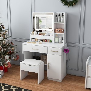 KWPZQEB Vanity Desk with LED Mirror Lights, Makeup Vanity Set with Stool, Open Shelves & Drawers, Vanity Table with Folding Table for Dressing Room - 1 of 4