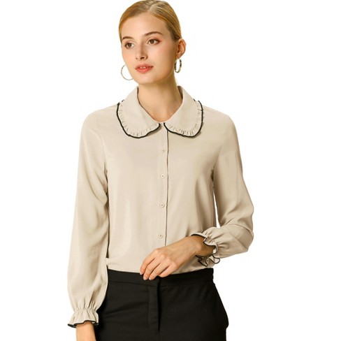 Allegra K Women's Sweet Ruffle Peter Pan Collar Long Sleeves Button Down  Shirt Apricot Medium