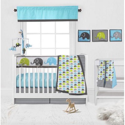 Bacati - Elephants Aqua/Lime/Gray 10 pc Crib Bedding Set with Long Rail Guard Cover