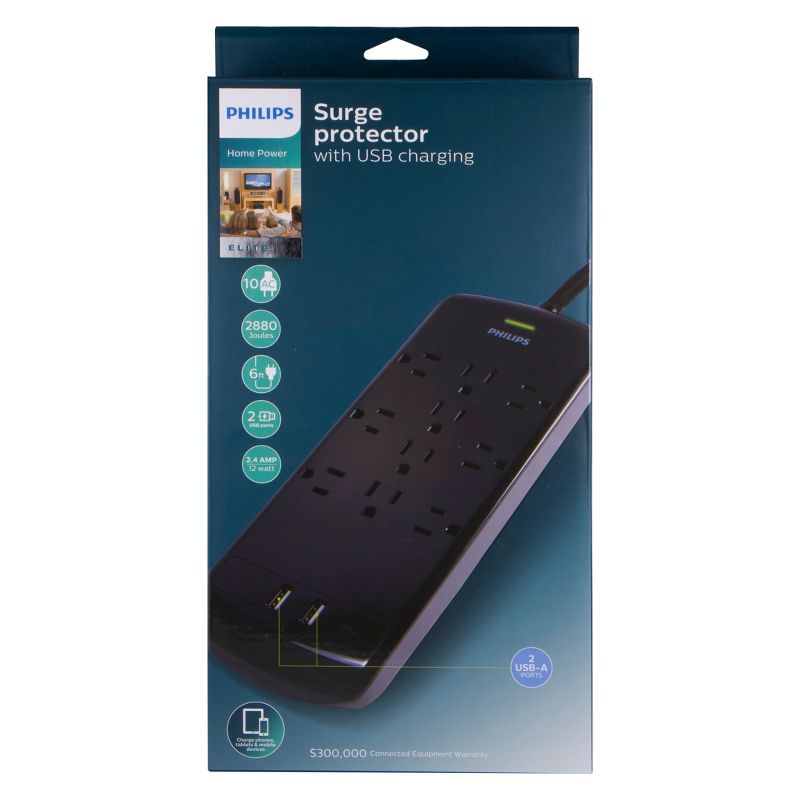 Philips 10-Outlet 2 USB Port Surge Protector with 6ft Extension Cord, Black, 6 of 13