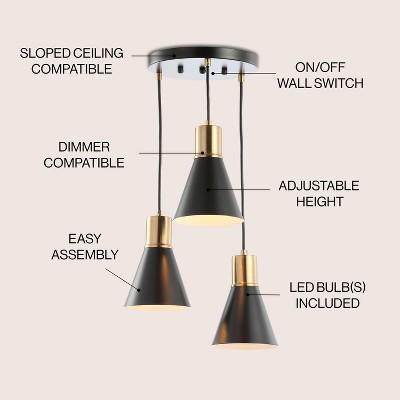 Apollo 15" Black and Brass Gold Metal Cluster LED Pendant Light