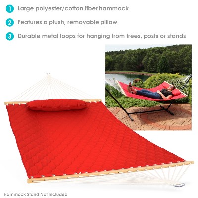 Sunnydaze Red Quilted Fabric 2-Person Hammock with Spreader Bars
