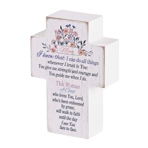 Dicksons TPLKC34-109 Mom I Know That I Can Do All Things White and Pastel Purple 3 x 4 Wood Distressed Cross Shaped Decorative Tabletop Plaque Home - 1 of 3