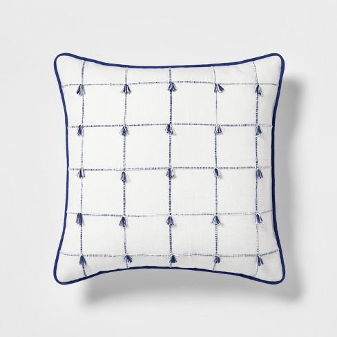 Woven Plaid With Mini Fringe Square Throw Pillow Blue White