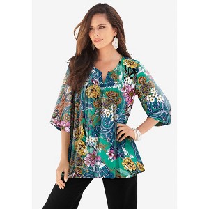 Roaman's Plus Size Tara Pleated Shirt – Adjustable 3/4 Sleeve Swing Tunic With Notch Collar - 1 of 4