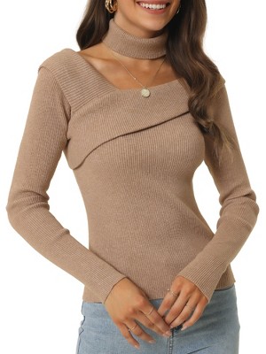 Seta T Women's V Neck Cross Off Shoulder Long Sleeve Ribbed Knit Slim Fit Sweaters