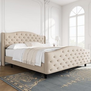 Luxury Velvet Bed Frame w/ Wingback Headboard & Footboard, No Box Spring - 1 of 4