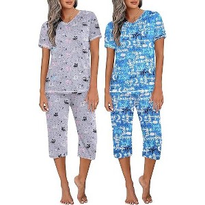 Ekouaer 2 Pack Women's Pajamas Short Sleeve Sleepwear Tops and Capri Pants Pjs - 1 of 4