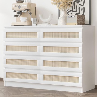 Rattan 8 Dresser for Bedroom, White Oak 8 Drawer Dresser for Closet, Double Wooden 8 Chest of Drawers for Living Room, Entryway, Hallway, Nursery