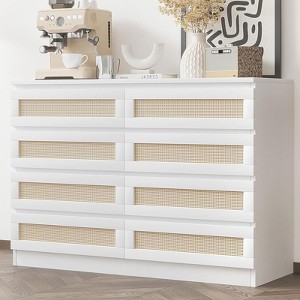 Rattan 8 Dresser for Bedroom, White Oak 8 Drawer Dresser for Closet, Double Wooden 8 Chest of Drawers for Living Room, Entryway, Hallway, Nursery - 1 of 4