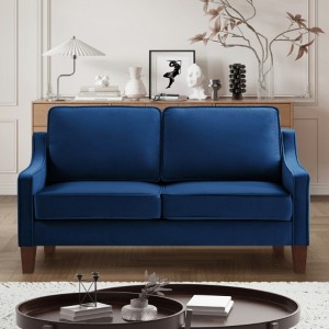 Upholstered Loveseat: Navy Velvet, Wooden Legs, Modern - 1 of 4