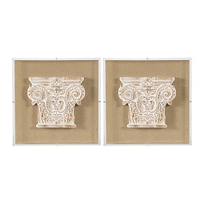 14"x14" Set of 2 3D Corinthian Pedestal Wall Arts Brown Washed White - A&B Home