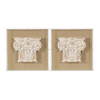14"x14" Set of 2 3D Corinthian Pedestal Wall Arts Brown Washed White - A&B Home