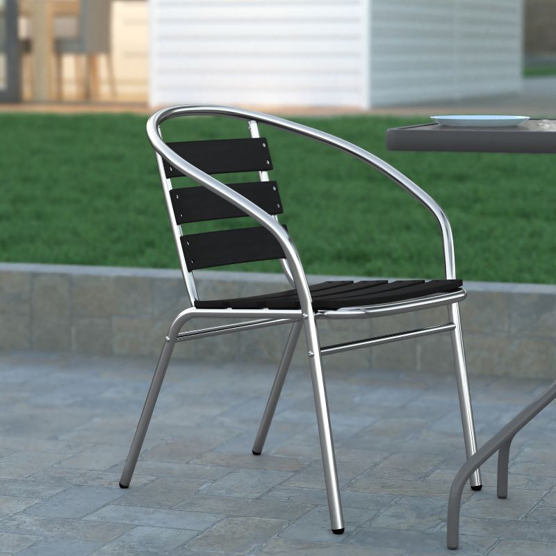 Emma and Oliver Aluminum Commercial Indoor-Outdoor Restaurant Stack Chair with Triple Slat Faux Teak Back, 2 of 11
