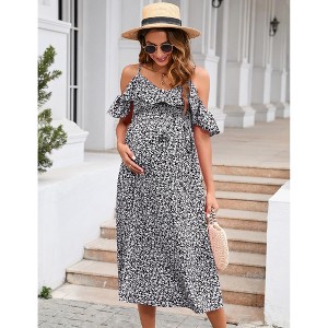 Women's Ditsy Print Cold Shoulder Maternity Dress, Summer Spaghetti Strap  Ruffle Tie Waist Midi Pregnancy Dress : Target