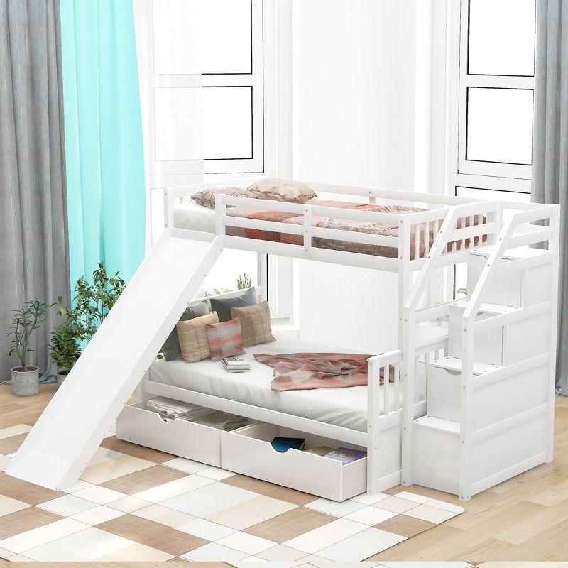 Twin over Full Bunk Bed with Drawers,Storage Staircase and Slide-ModernLuxe, 1 of 11