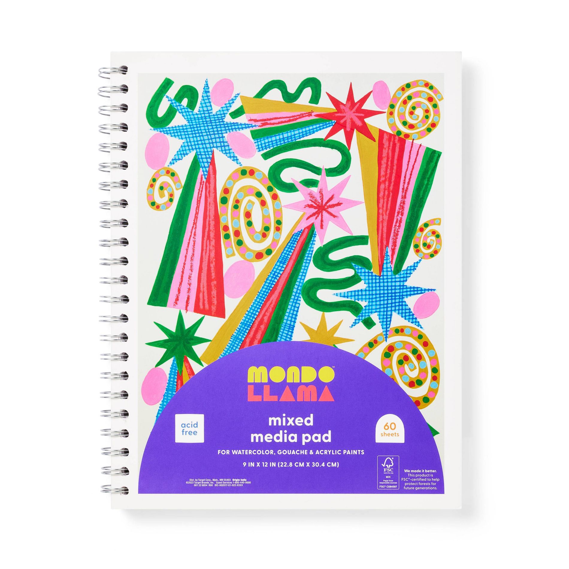 60pg Blank XL Mix Media Sketchbook 9"x12" - Mondo Llama™: Spiral Binding, Cardstock, All Ages,