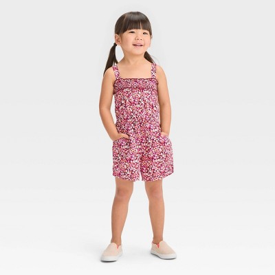 Image of Toddler Girls' Floral Woven Romper - Cat & Jack™ Burgundy 2T