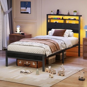 Bed Frame with 2 Storage Drawers Headboard, LED & Charging Station, Black oack - 1 of 2